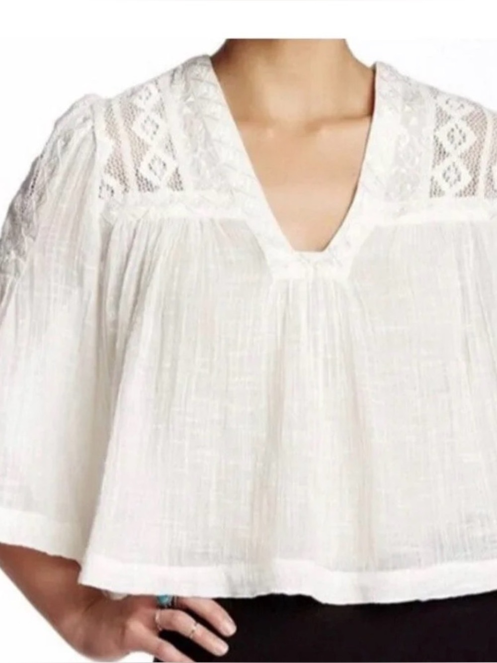 Free People White Lace Yoke Peasant Blouse